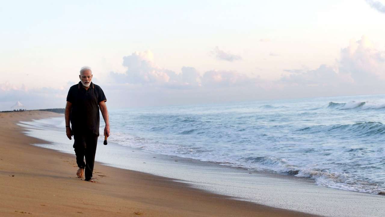 Modi takes a refreshing walk along the scenic coast in Mamallapuram