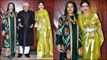 Rekha poses with Javed Akhtar and Shabana Azmi