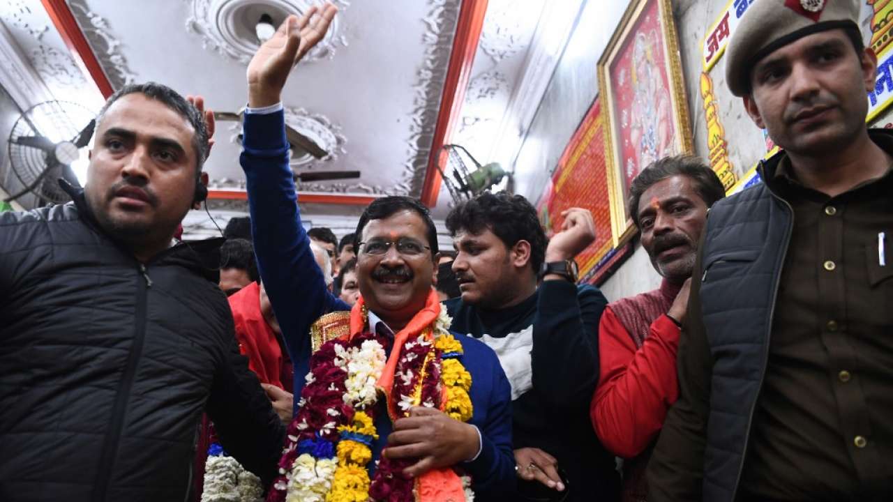 AAP chief Arvind Kejriwal after winning. Photo: AFP