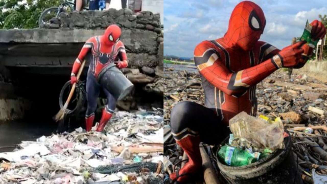 This man in Indonesia dresses up as Spider-Man to pick up trash & ask  people to do so