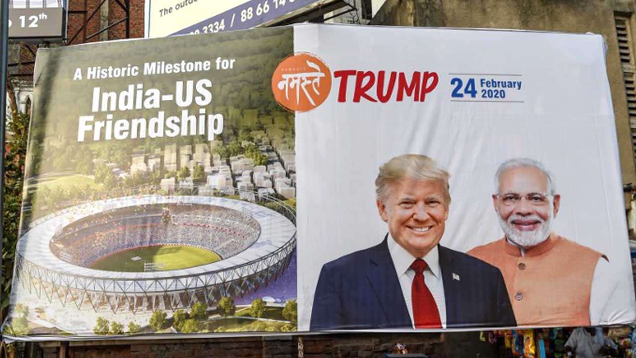 A billboard depicting US President Donald Trump with PM Narendra Modi in Ahmedabad