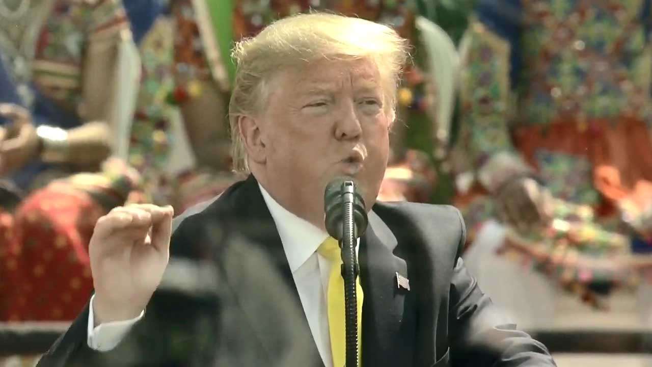 US President Donald Trump speaking at the Motera stadium