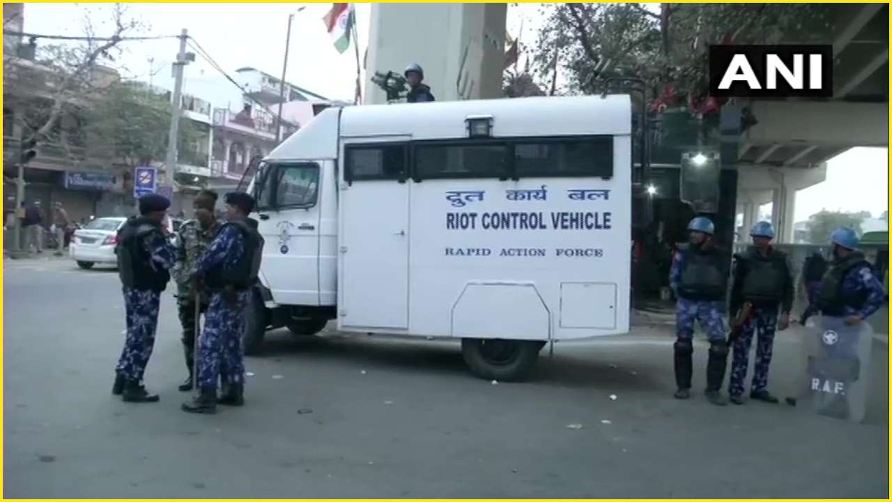 The Delhi Police keep a strict vigil over riot-hit areas in Northeast Delhi on Friday, with Riot Control Vehicles at the ready.