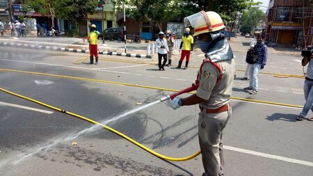 Chemical spray at Bhubaneswar city road by fire service staffs