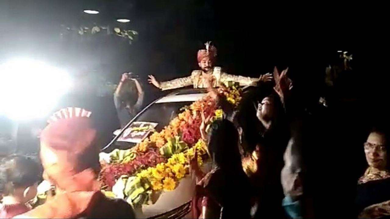 The groom dancing during his marriage procession. The groom dancing during his marriage procession.