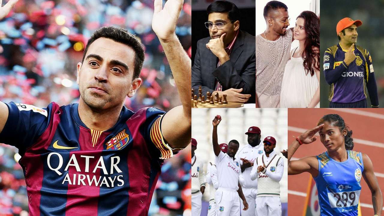 Viswanathan Anand, Gautam Gambhir, Hima Das, Xavi, Hardik Pandya, Natasa Stankovic, Kemar Roach