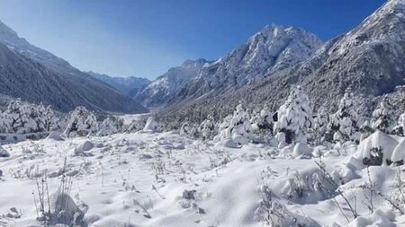 Snow capped mountain peak in Yumthang