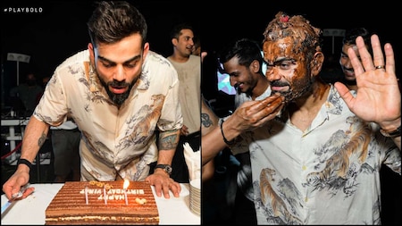 Virat Kohli before and after cake cutting