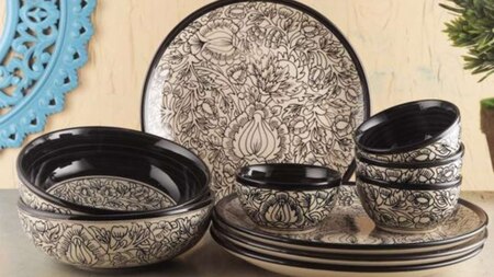 Black White Kalamkari Ceramic Dinner Set