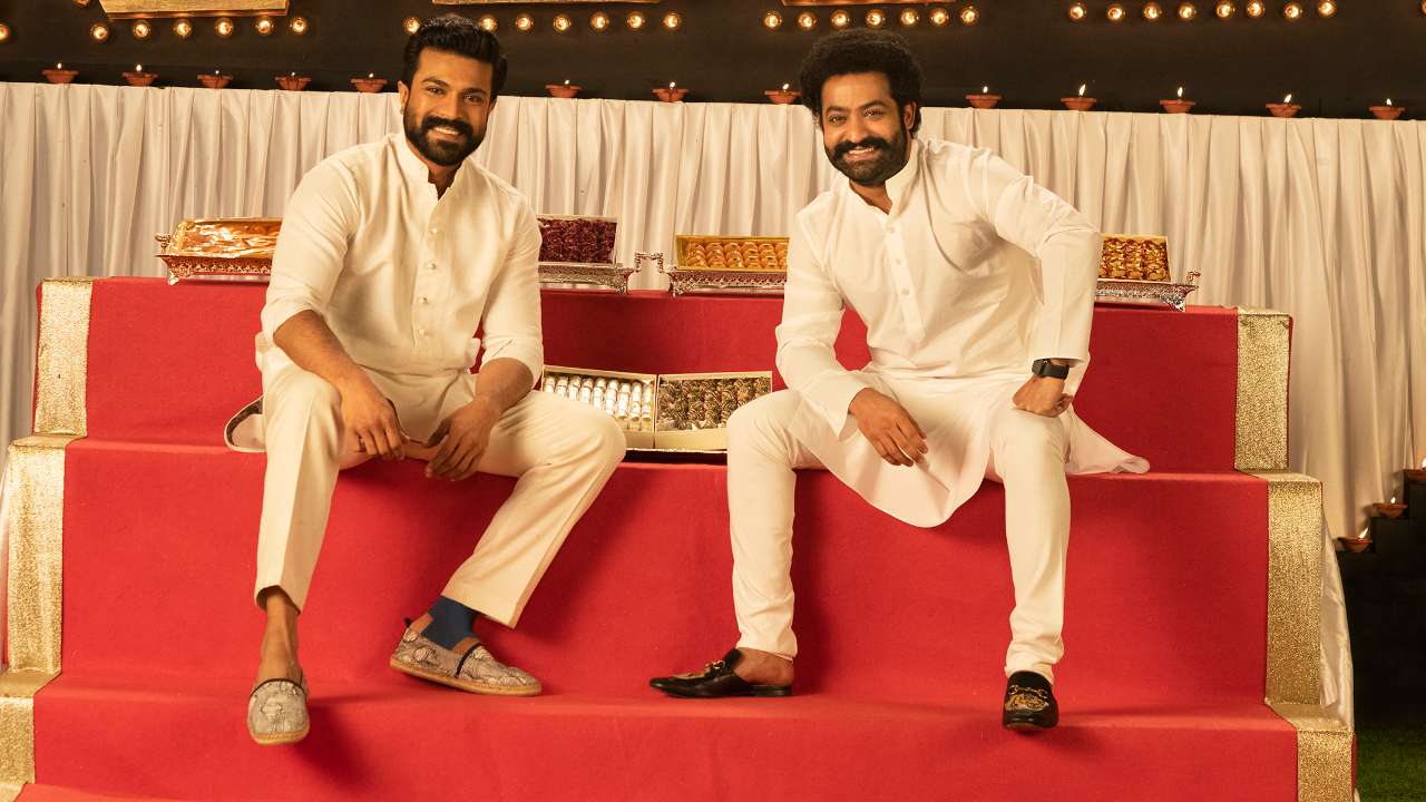 RRR&#39; stars Jr NTR and Ram Charan twin in white during Diwali celebrations  on the sets