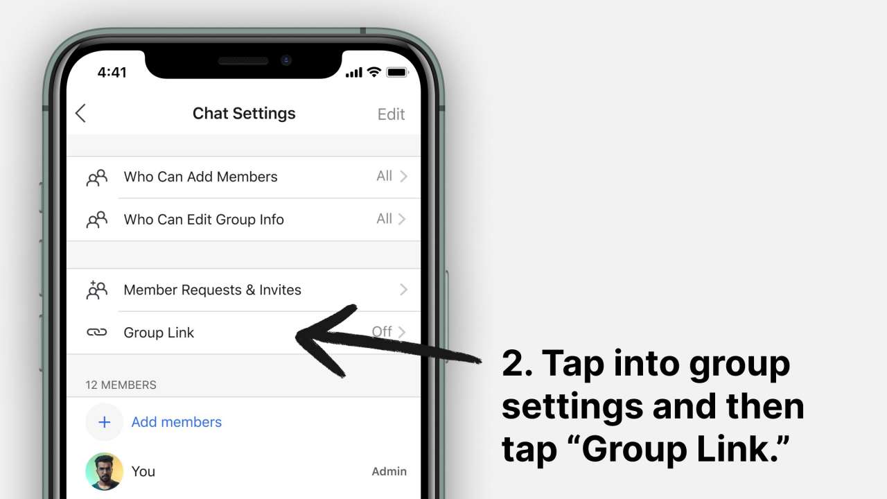 Tap into group settings and then tap group link Tap into group settings and then tap group link