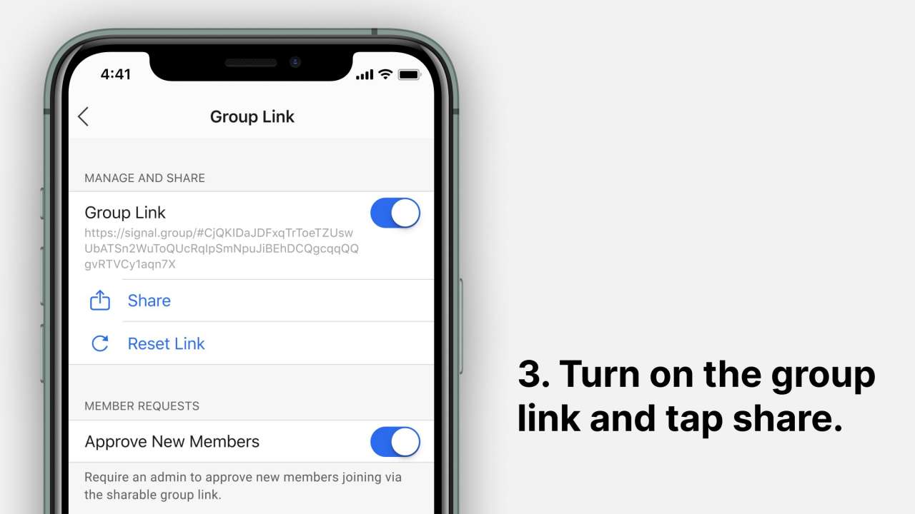 Turn on the group link and tap share Turn on the group link and tap share