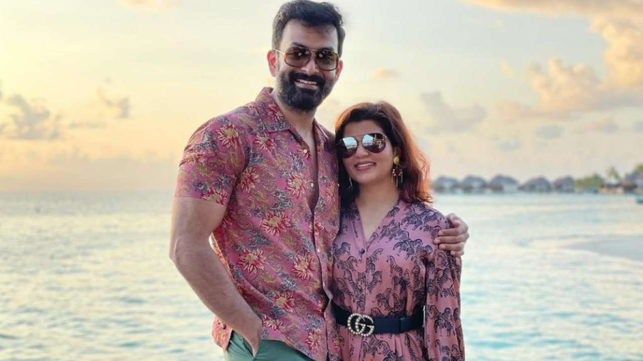 Prithviraj Sukumaran and wife Supriya Menon pose while holidaying in the Maldives