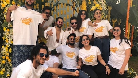 Varun Dhawan poses with his squad at Haldi ceremony