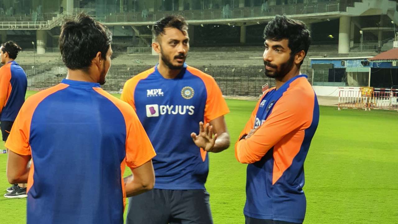 Indian bowlers Axar Patel and Jasprit Bumrah