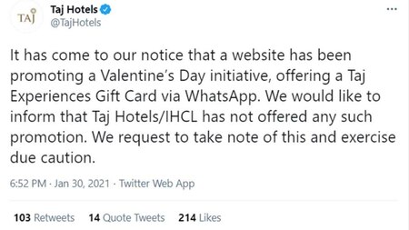 Taj Hotels issue clarification through Twitter