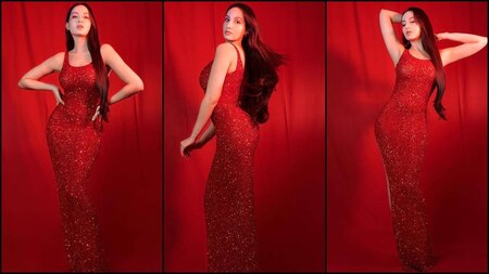 Nora Fatehi gives fashion goals in red hot Yousef Al Jasmi outfit