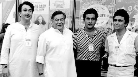 Proud father Raj Kapoor with his sons Randhir Kapoor, Rishi Kapoor and Rajiv Kapoor