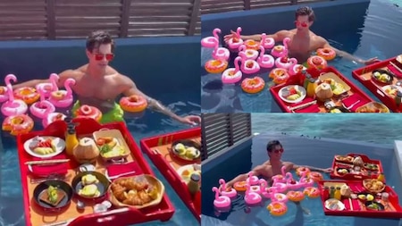 Karan SIngh Grover enjoys floating swimming pool breakfast
