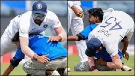 Rohit Sharma falls down over a fan