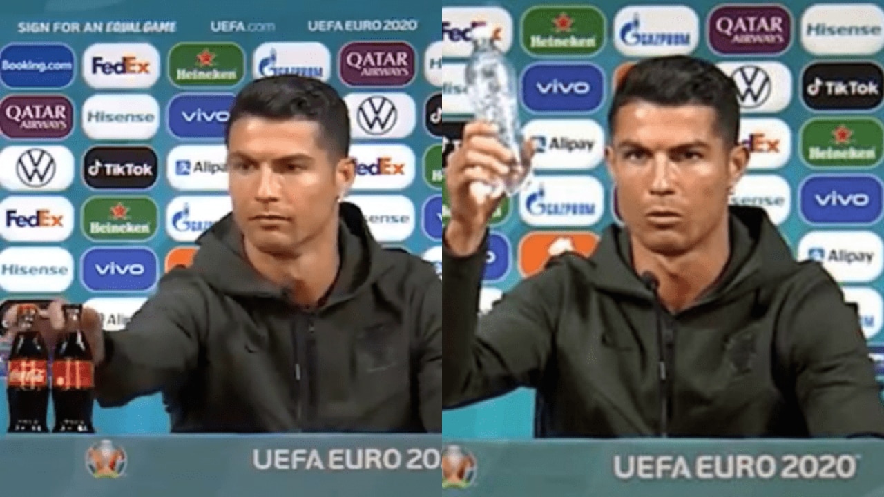 Euro 2020: Cristiano Ronaldo angrily removes Coca-Cola bottles kept in  front of him - Video goes viral