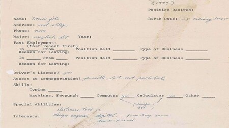 Job application filled by Steve Jobs in 1973