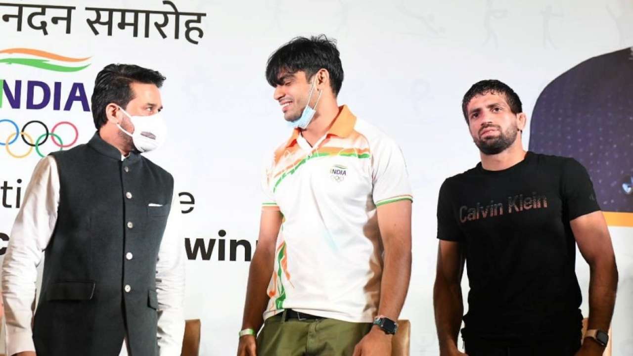 Neeraj Chopra, Anurag Thakur, Ravi Kumar Dahiya