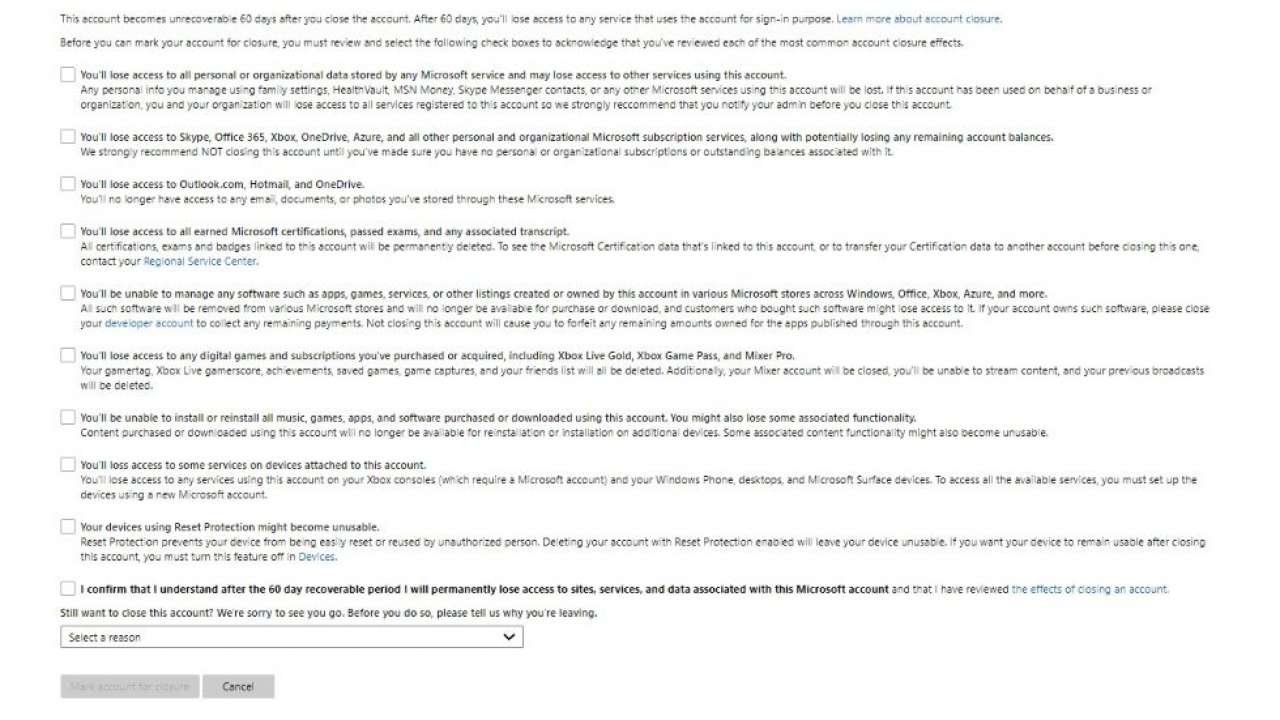 Check boxes to confirm deletion of services