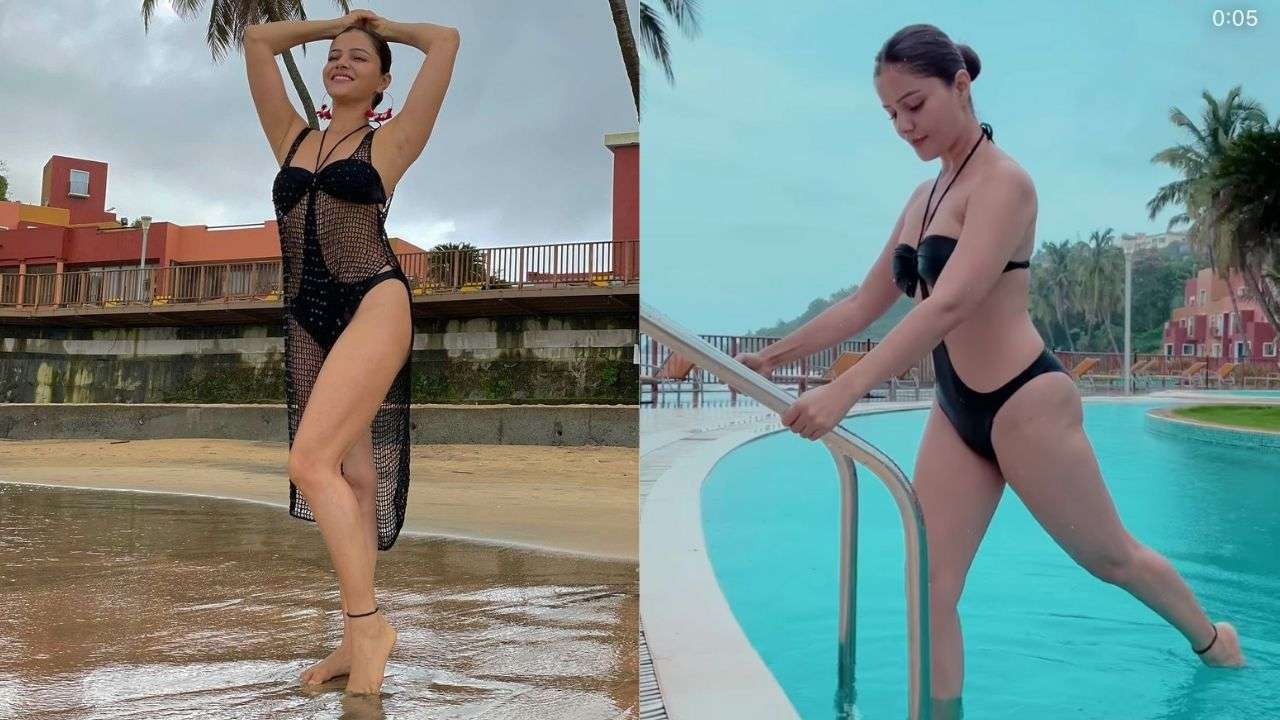 Rubina Dilaik in a black monokini