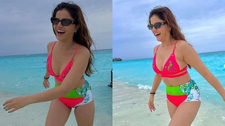 Rubina Dilaik's sets beach wardrobe goals in neon pink bikini