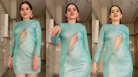 Urfi Javed in a turquoise-coloured see-through dress