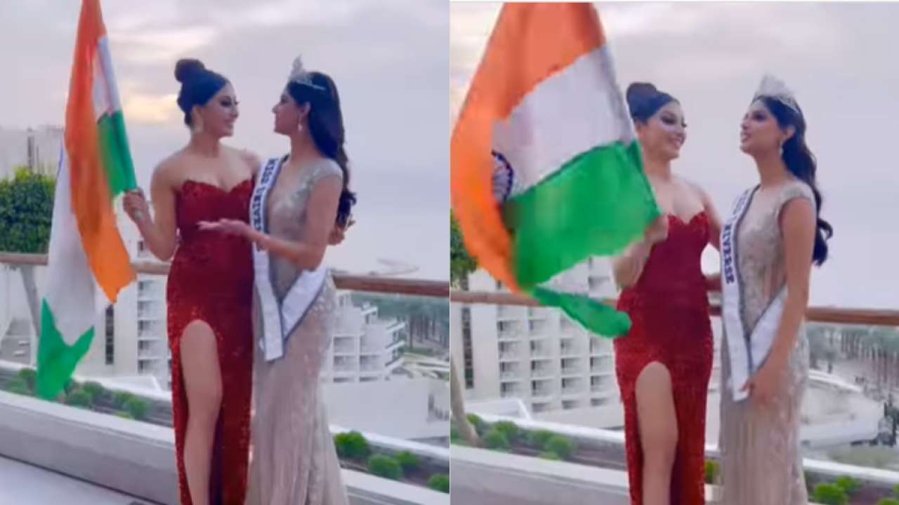 Urvashi Rautela holds Indian flag with Miss Universe 2021 winner Harnaaz  Sandhu – WATCH