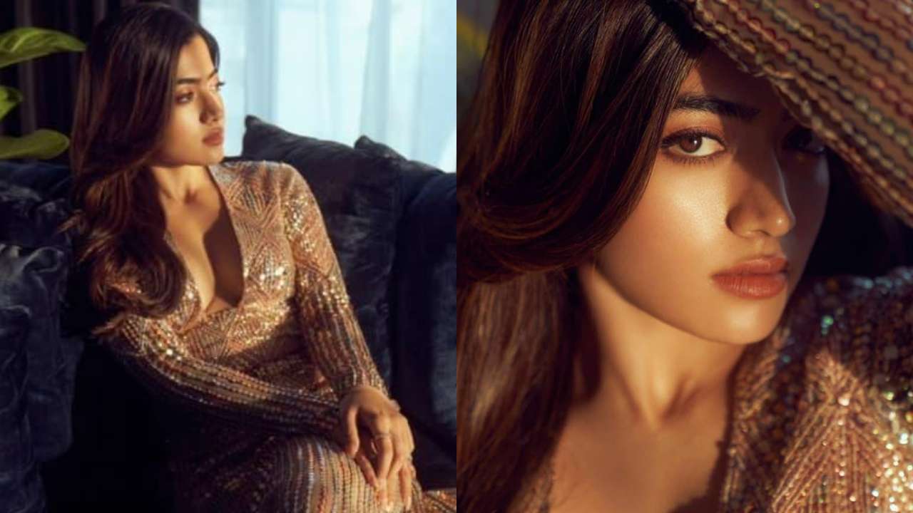 Rashmika Mandanna looks sizzling HOT in golden gown with plunging neckline,  see pics