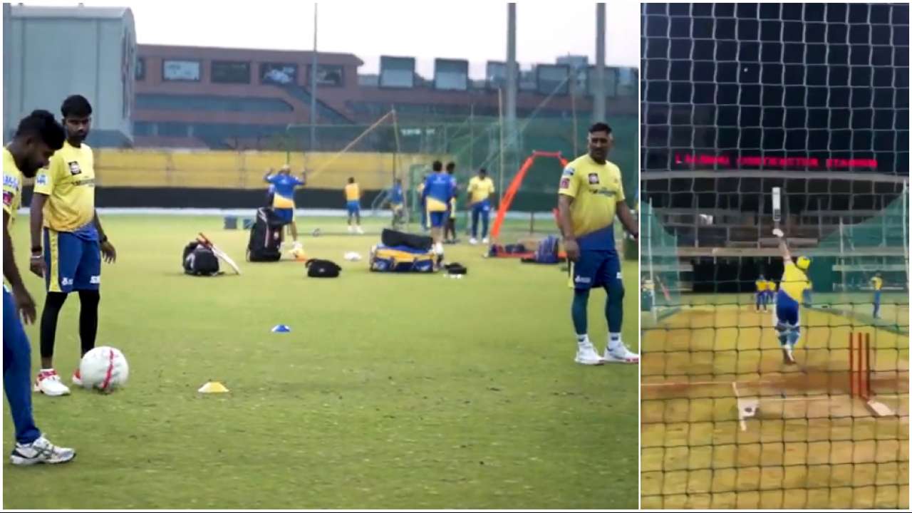 Ipl Ms Dhoni Plays Footvolley Smacks Huge Sixes In Nets Watch