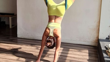 Rubina Dilaik does upside down pose