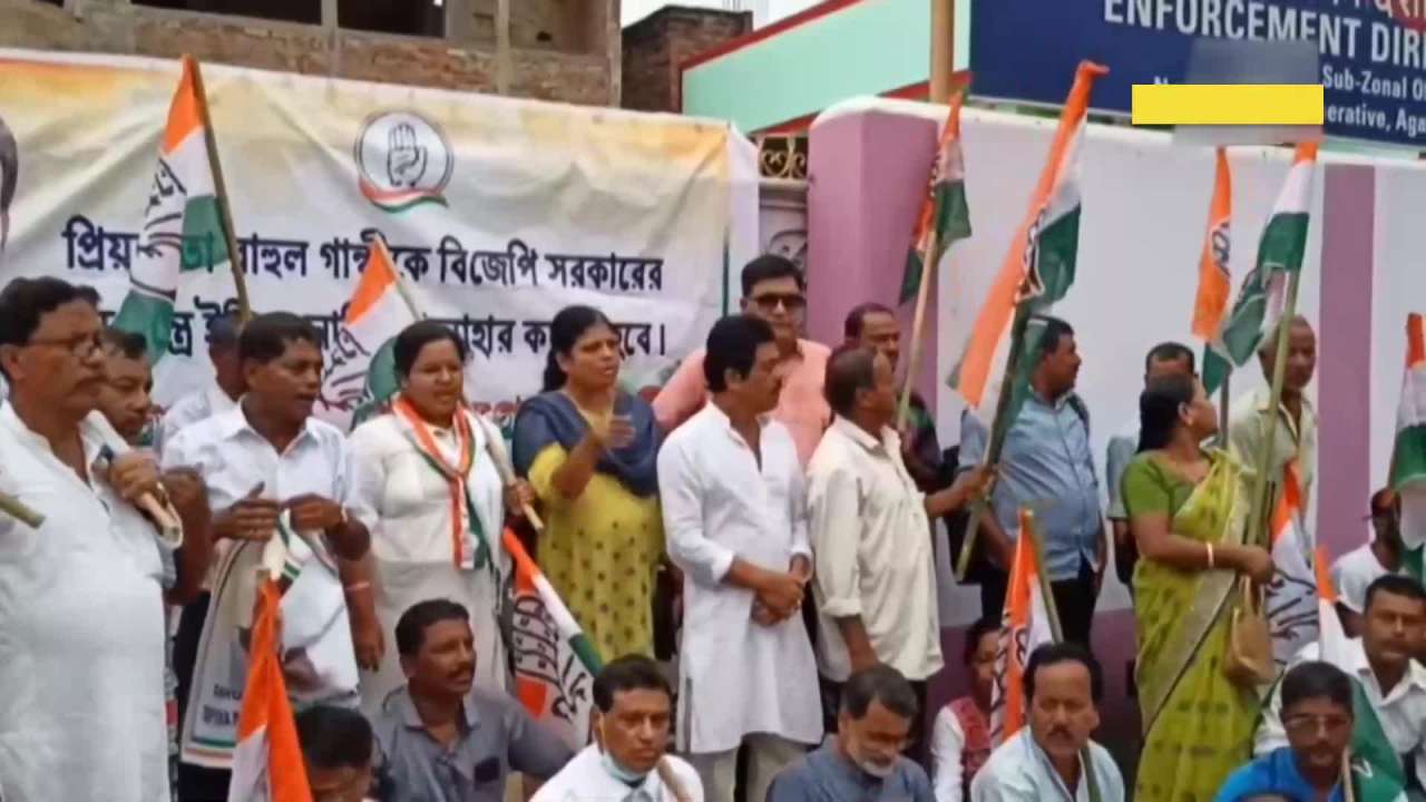 Tripura: Congress protesters throw ink at ED office over probe against Rahul Gandhi