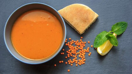 Greek lentil soup with toasted pita