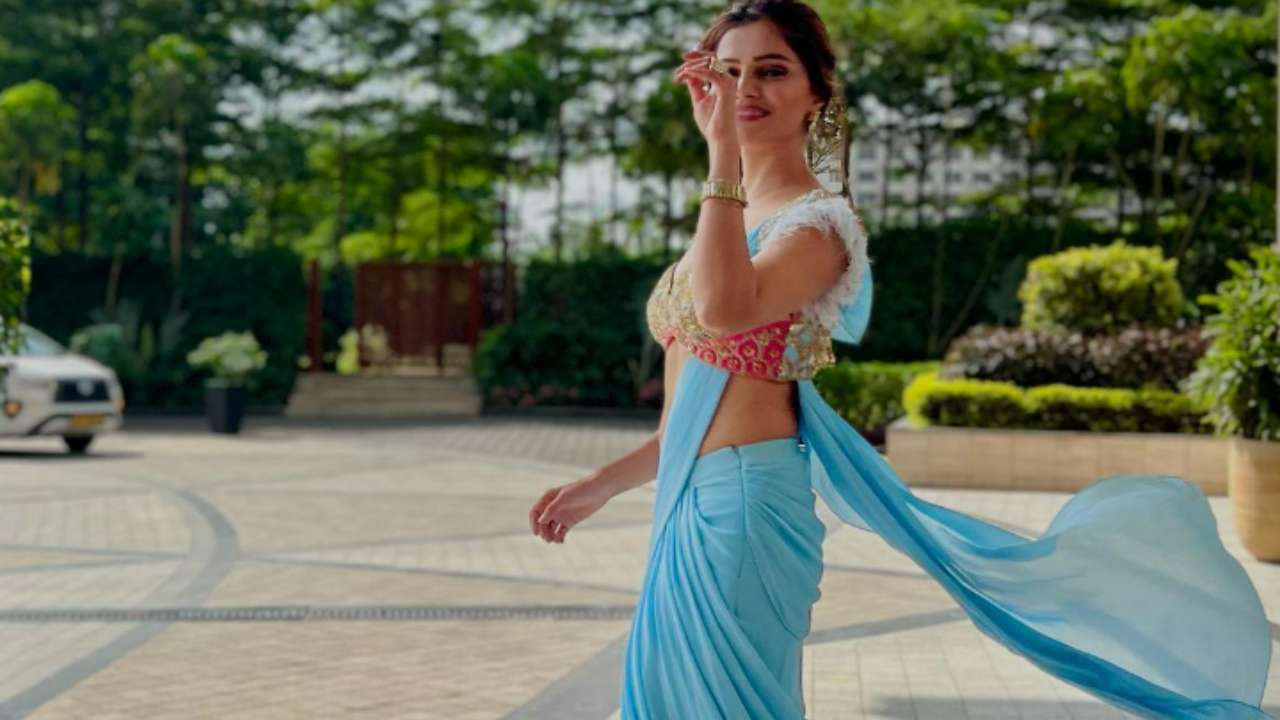 Rubina Dilaik in blue saree with embellished blouse