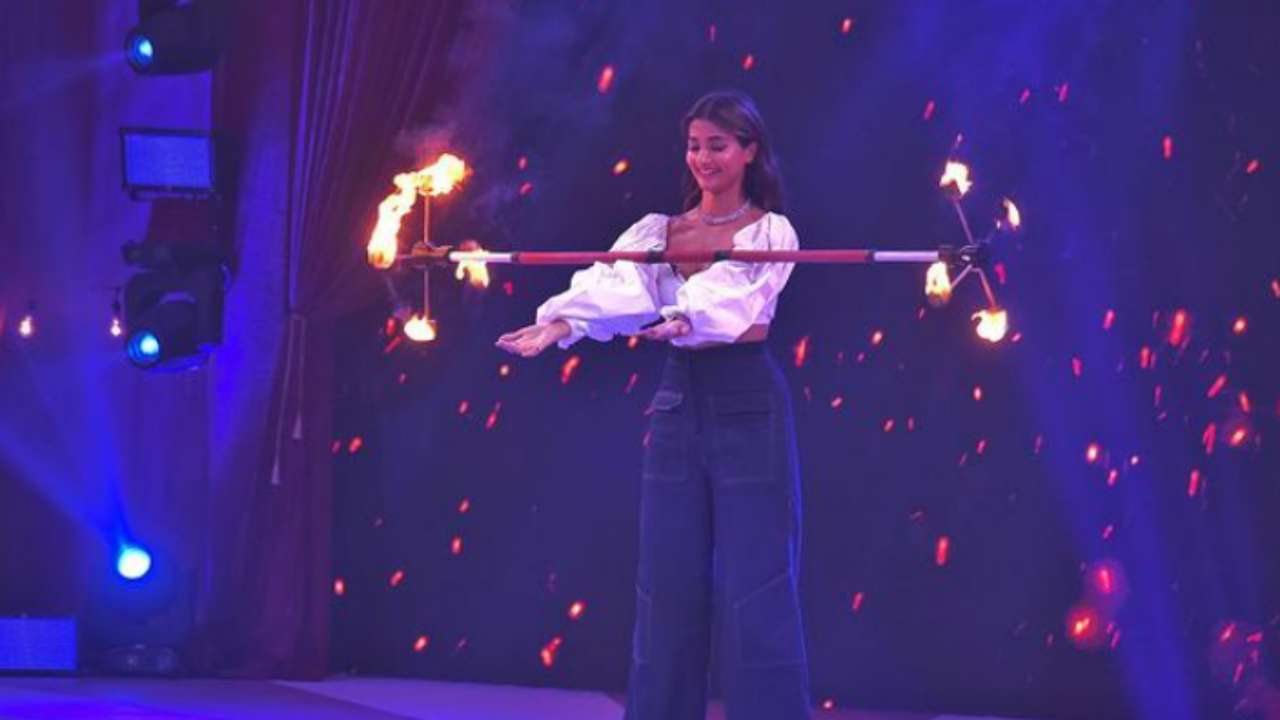 Pooja Hegde performing fiery stunts