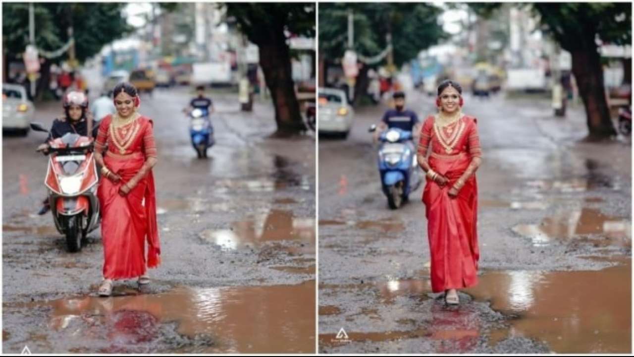 Watch: Viral video of Kerala Bride walking on road full of potholes for wedding shoot