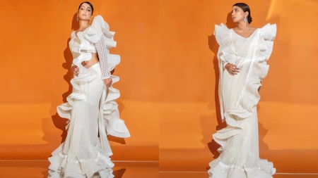 Hina Khan looks stunning in white ruffled saree, drops photos on Instagram
