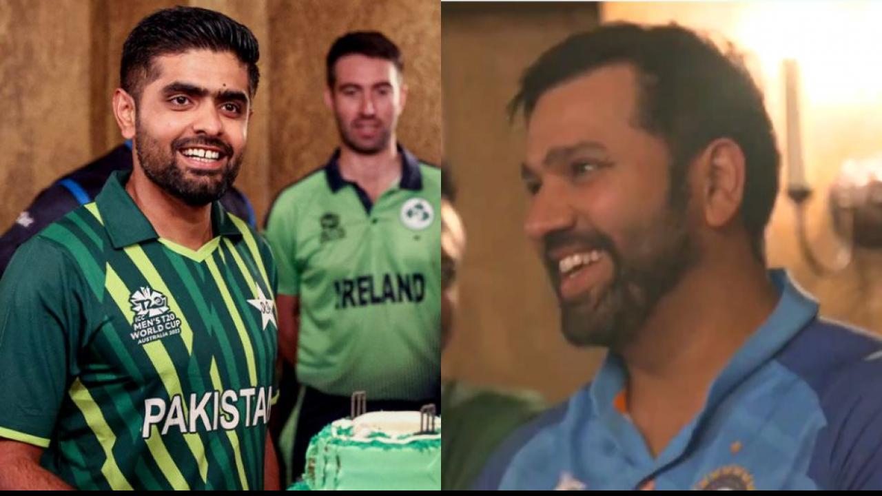 Rohit Sharma clapping during Babar Azam cake cutting ceremony