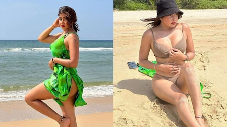 In green beach dress