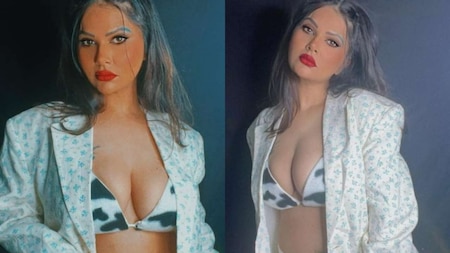 XXX actress Aabha Paul in a white bikini with black prints