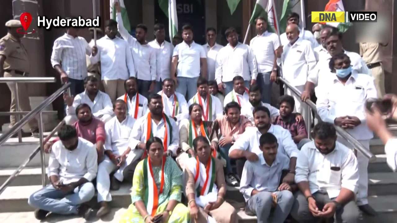 Telangana Congress Stages Protest Outside SBI Branch In Hyderabad