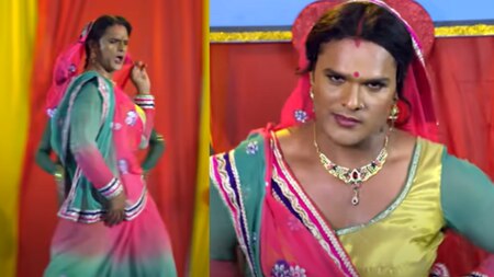 Khesari Lal Yadav saree look in Bhatar Ba Mauga song 