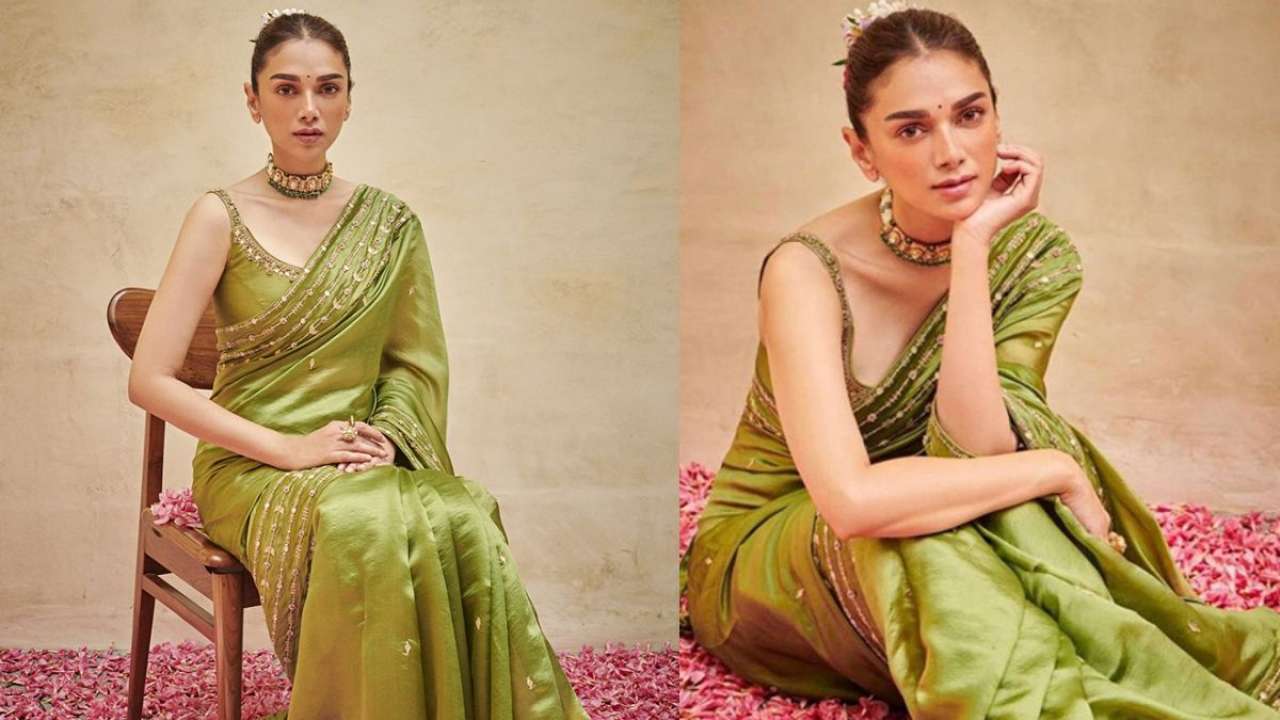 Aditi on olive green saree