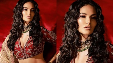Sunny Leone dons a red embroidered lehenga