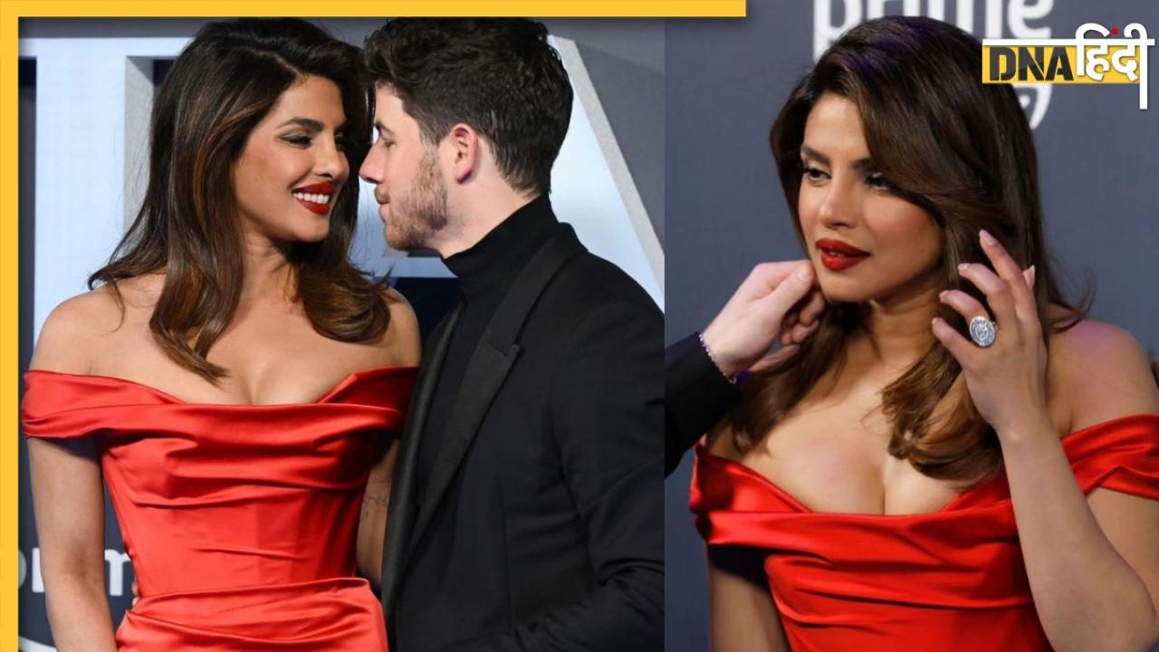 Priyanka Chopra को रेड ड्रेस में देखकर दीवाने हो गए Nick Jonas, कैमरों के सामने करने लगे Kiss