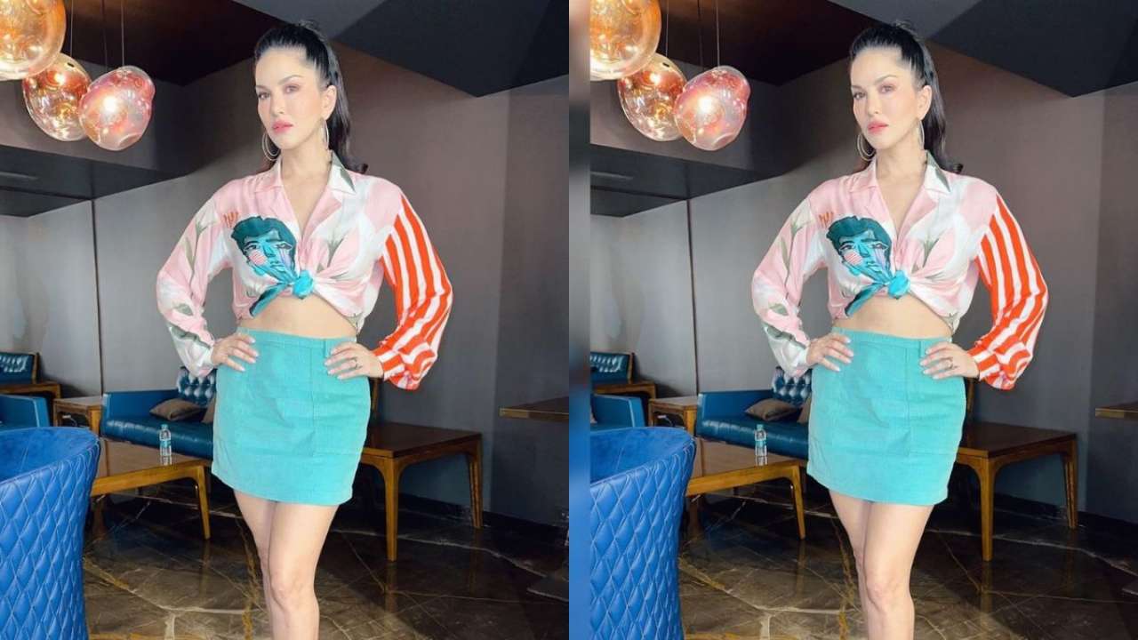 1280px x 720px - In pics: Sunny Leone's cropped shirt, teamed with blue skirt is a perfect  summer outfit